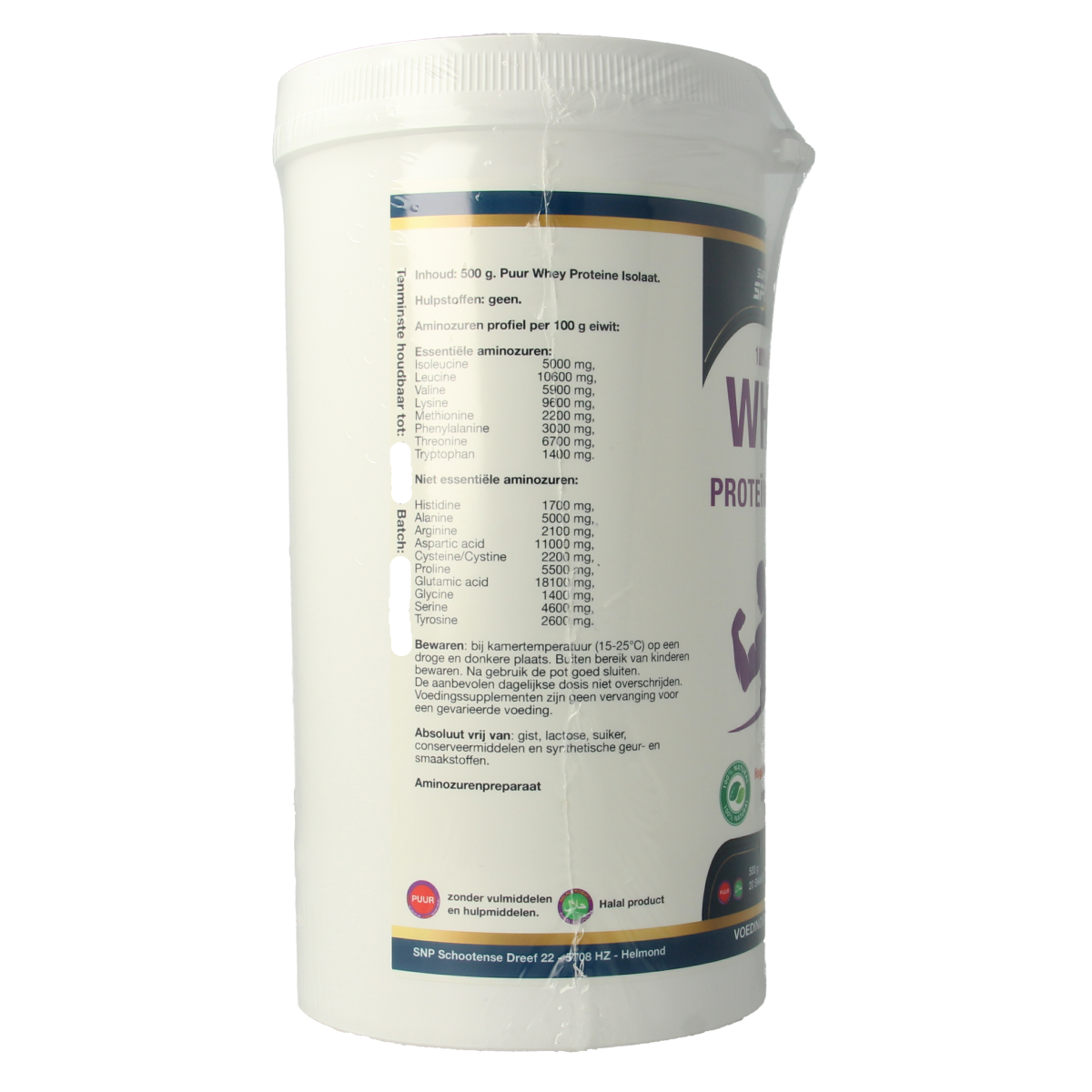SNP Whey Protein Isolate 100% natural amino acid supplement in a 500g container, featuring the product packaging.