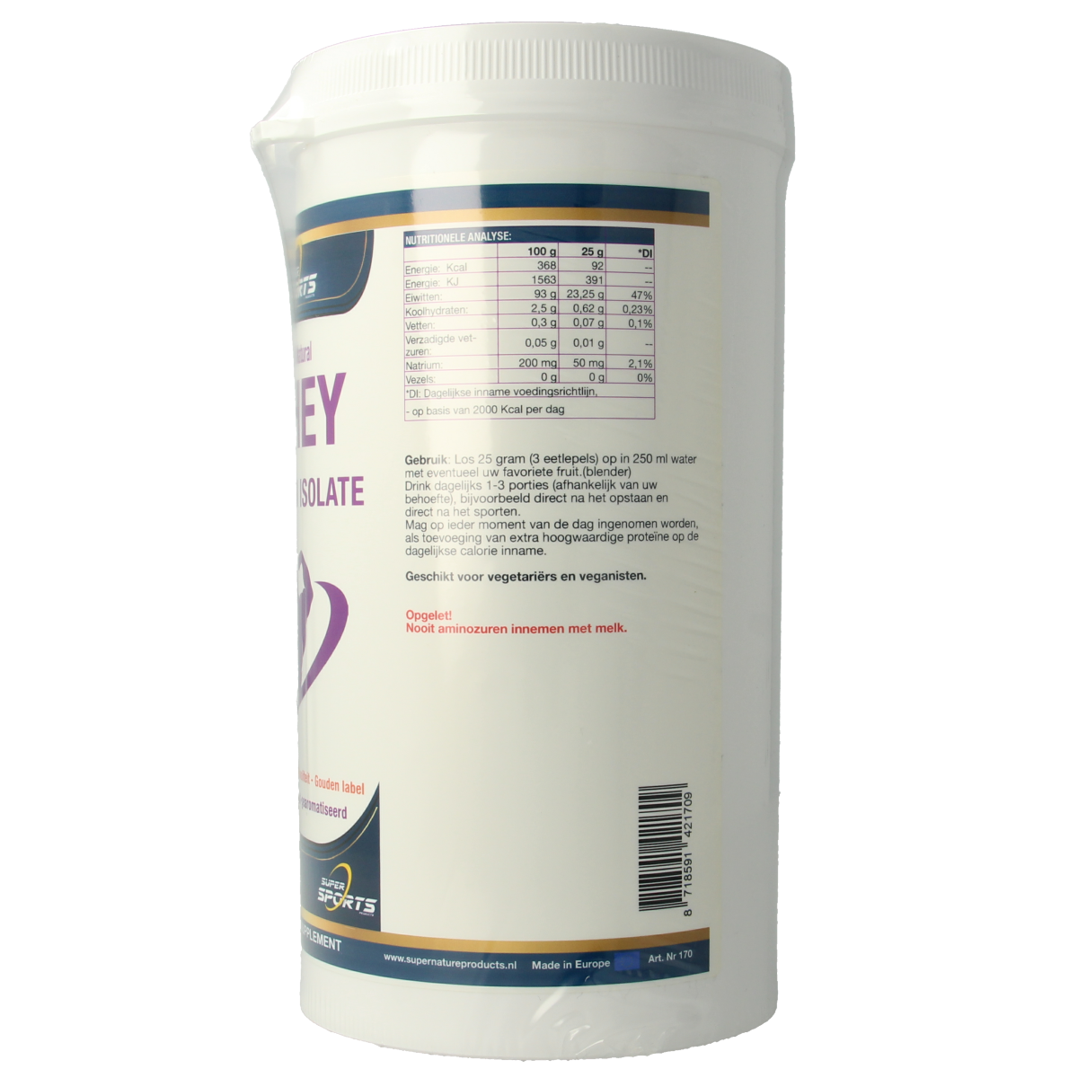 SNP Whey Protein Isolate 100% natural amino acids supplement in a 500g container, showcasing the product packaging.