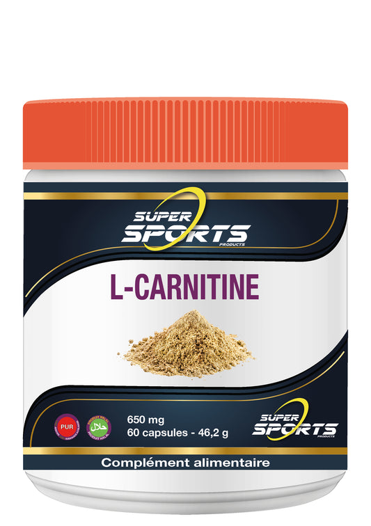 SNP L-Carnitine 650mg puur amino capsules in a clear bottle, showing 60 capsules for energy and fat metabolism support.
