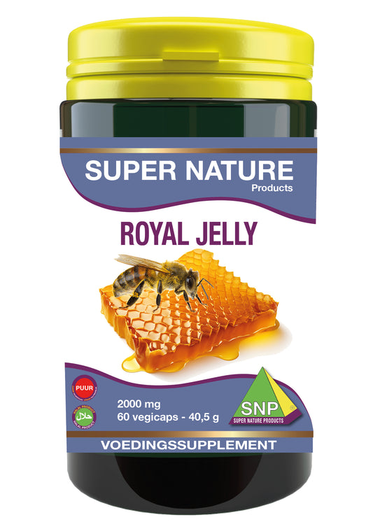SNP Royal Jelly 2000 mg vegetarian capsules in a bottle, showing the supplement's label and capsules inside.