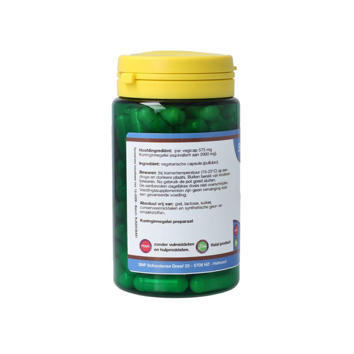 SNP Royal Jelly 2000 mg vegetarian capsules, 90 count, showing the supplement bottle with golden capsules and label.
