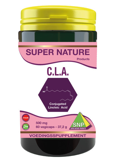 SNP CLA 500mg vegetarian capsules, 60 softgel dietary supplement with omega-6 fatty acids, shown in close-up.