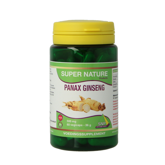 SNP Panax ginseng 500mg vegetarian capsules in a bottle, herbal supplement for energy and vitality, product image.