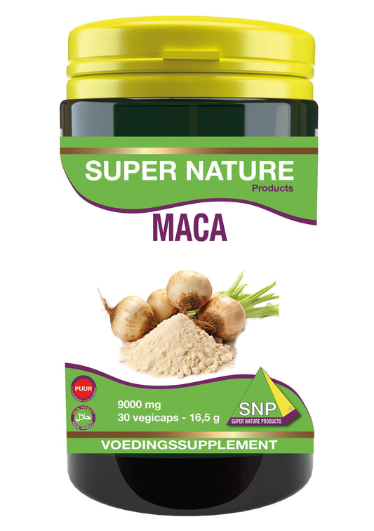 SNP Maca Extra Forte 9000mg pure vegetarian capsules, herbal supplement for energy and vitality, shown in a bottle.