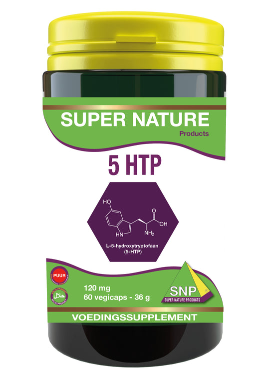 SNP 5-HTP 120mg puur vegetarian capsules, herbal supplement in a white bottle with 60 capsules.