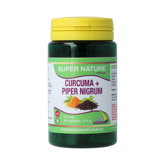 SNP Curcuma & Piper Nigrum herbal supplement capsules in a bottle, featuring turmeric and black pepper extract for wellness.