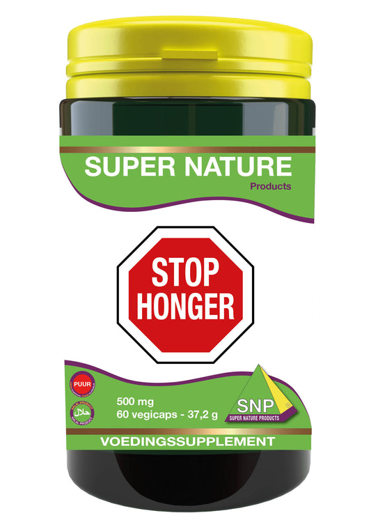 SNP Stop honger 500mg puur vegetarian capsules, herbal supplement in a clear bottle with 60 capsules, natural ingredients visible