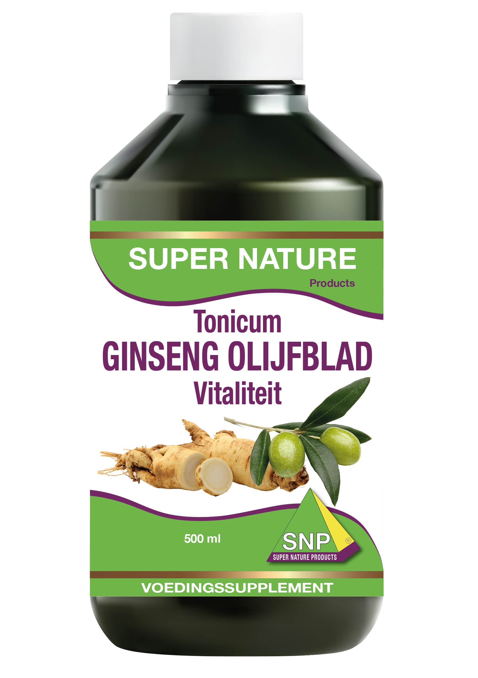 SNP Ginseng en olijfblad tonic in 500ml bottle, herbal supplement with natural ingredients, used for health and wellness.