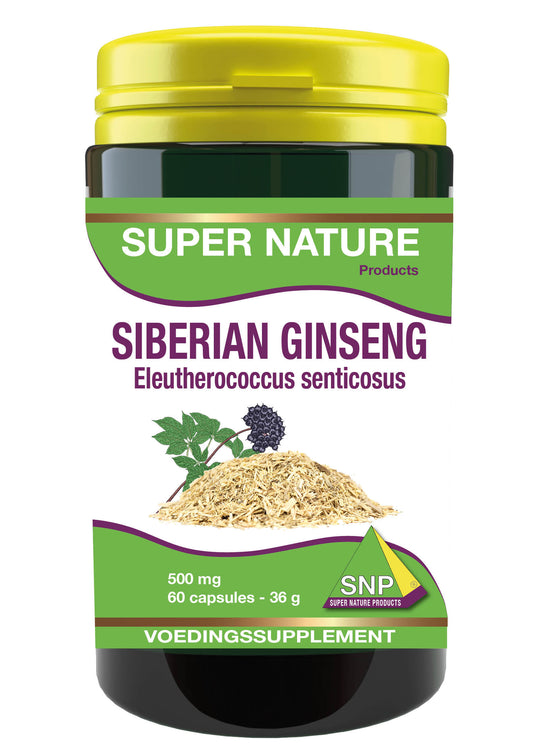 SNP Siberian ginseng 500mg capsules in a bottle, herbal supplement for energy and stamina, labeled as Kruidenpreparaten.