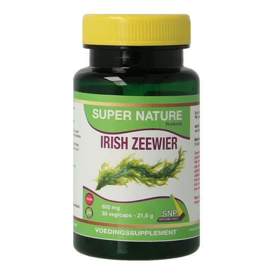SNP Irish Zeewier 600 mg vegetarian capsules with 900 mcg iodine, herbal supplement, shown in bottle with capsules.