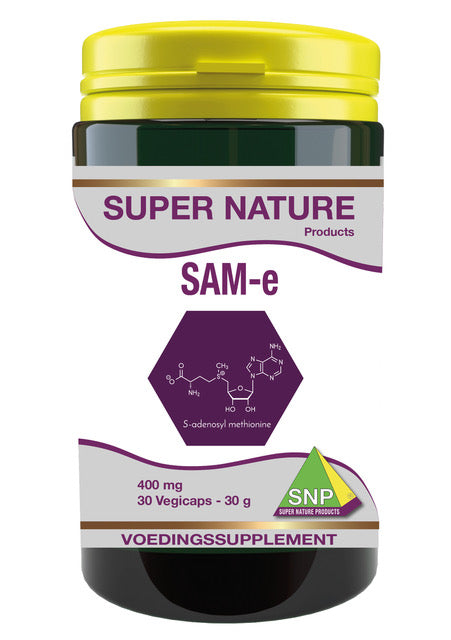 SNP SAM-e 400mg vegetarian capsules, dietary supplement with amino acids, in a clear container showing the capsules.