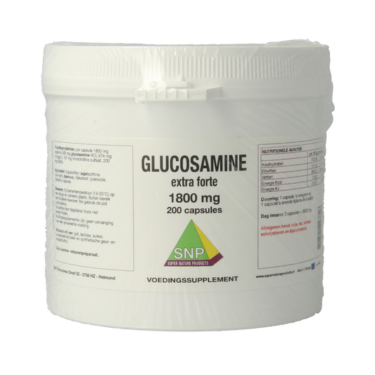 SNP Glucosamine 1800mg mineral capsules in a bottle, designed to support joint health and mobility.