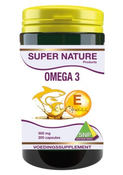 SNP Omega 3 500mg Vetzuren capsules, close-up of bottle with 200 capsules, highlighting supplement packaging and label.