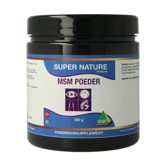 SNP MSM zwavel poeder mineralen enkel, 250 gram container, white powder supplement in a clear jar with label