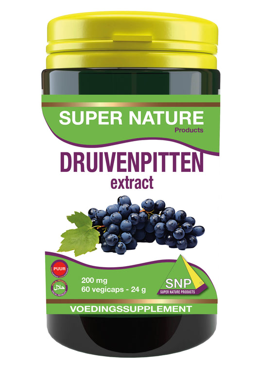 SNP Druivenpitten extract vegetarian capsules, 200 mg, in a bottle with label showing grape seed imagery, clear capsules visible.