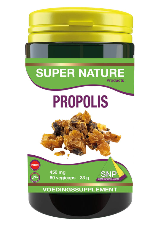 SNP Propolis 450mg herbal capsules, 60 vegetarian supplement capsules, showing the supplement bottle and capsules.