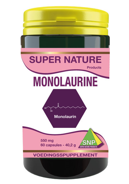 SNP Monolaurine 550mg Vetzuren capsules, 60-count, with white capsule image showing the supplement's packaging and capsules.