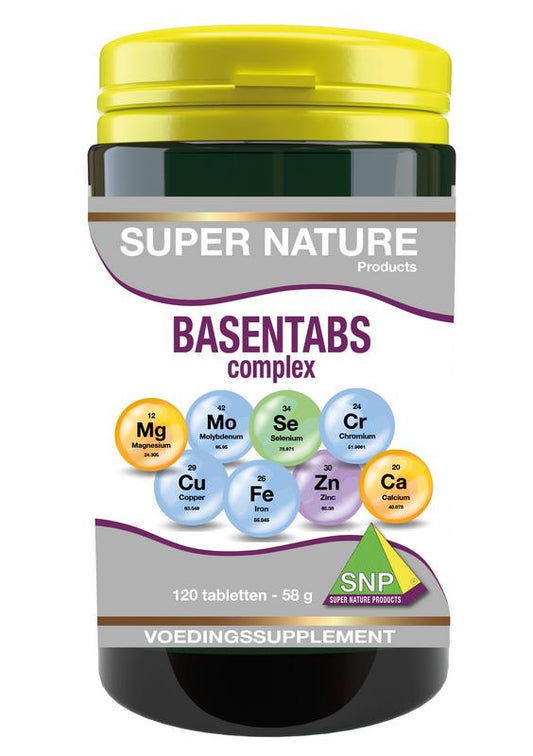 SNP Basentabs complex mineral supplement in a white bottle with 120 tablets, showing the label and tablets inside.