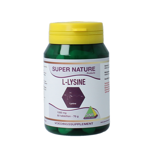 SNP L-Lysine 1000mg amino acid tablets, 60-count, showing the supplement bottle and tablets inside