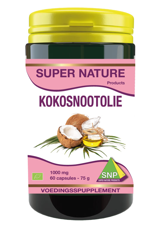 SNP Kokosnootolie 1000mg capsules in a bottle, herbal supplement product with 60 capsules for natural health support.