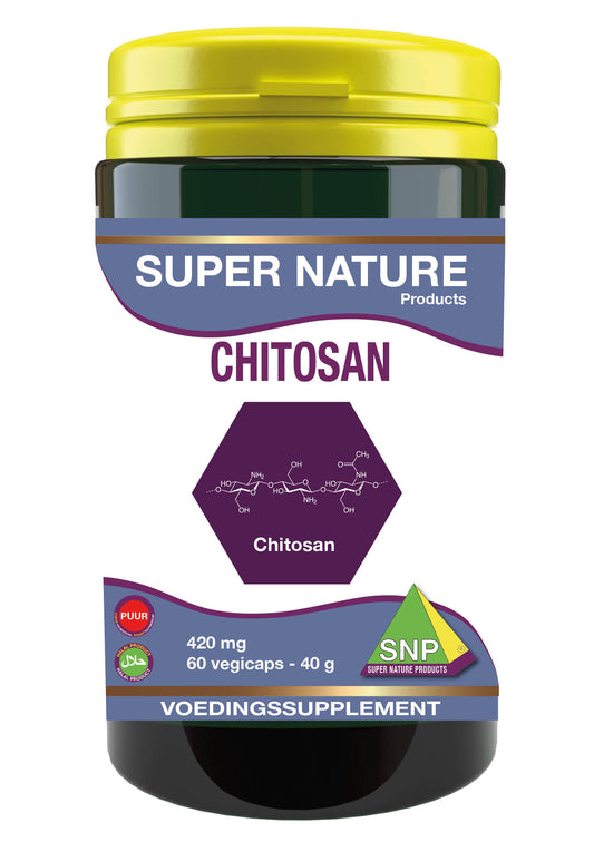 SNP Chitosan 420mg vegetarian capsules, dietary fiber supplement with enzymes, in a clear bottle with capsules visible inside.