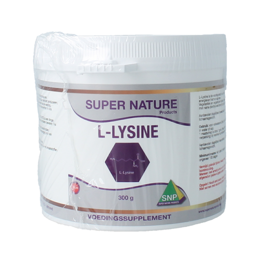 SNP L-Lysine powder in a 300g container, a dietary amino acid supplement with natural white powder appearance.