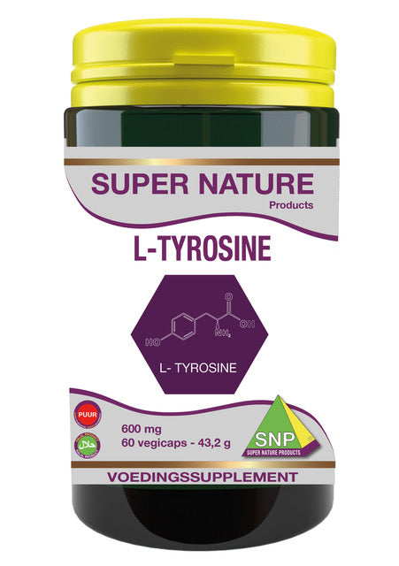 SNP L-Tyrosine 600mg amino acid capsules, 60-count, with clear white capsules and label showing product details.