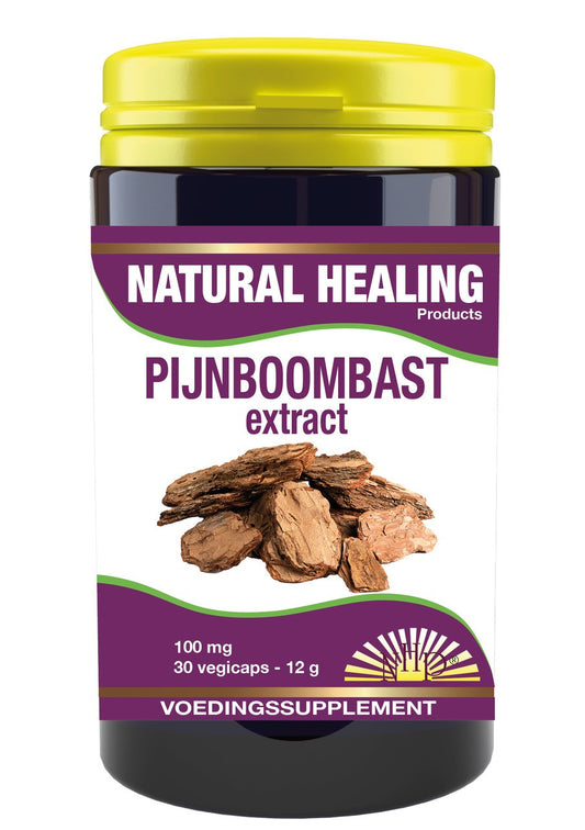 NHP Pijnboombast extract 100mg vegetarian capsules, herbal supplement with white capsules, natural herbal medicine.