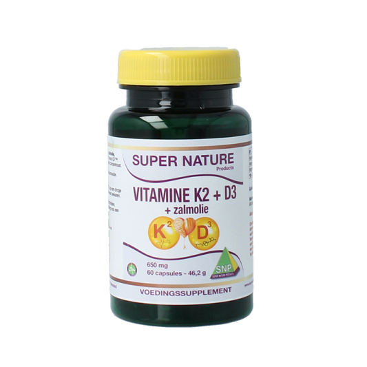 SNP Vitamine K2 D3 zalmolie capsules, supplement for bone and cardiovascular health, with 60 capsules in a bottle