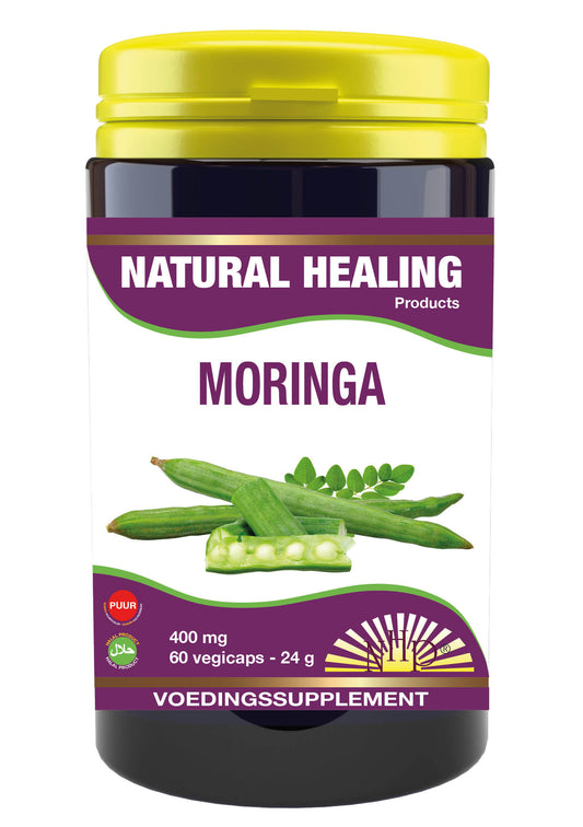 NHP Moringa 400mg pure vegetarian capsules, herbal supplement in a clear bottle with a white label and capsules inside.