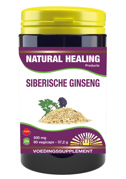 NHP Siberische ginseng 500mg puur vegetarische capsules, kruidenpreparaat, close-up of capsule bottle and capsules.