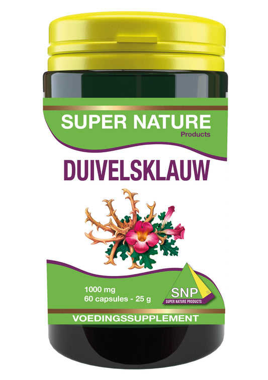 SNP Duivelsklauw 1000 mg herbal supplement capsules in a bottle, natural herbal remedy for health support.