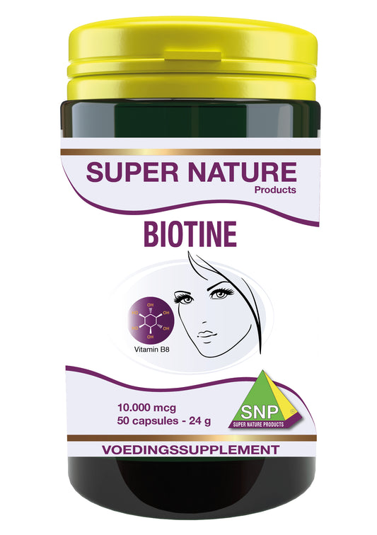 SNP Biotine 10000 mcg vitamin capsules in a blister pack, dietary supplement for hair and skin health.
