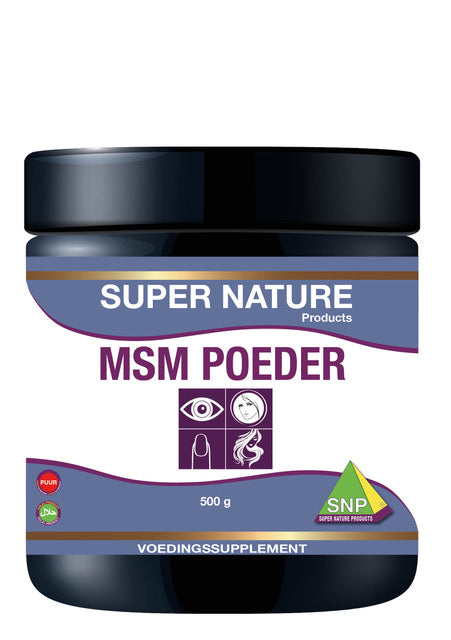 SNP MSM mineral powder in a 500g container, showing the pure MSM supplement for joint and skin health.