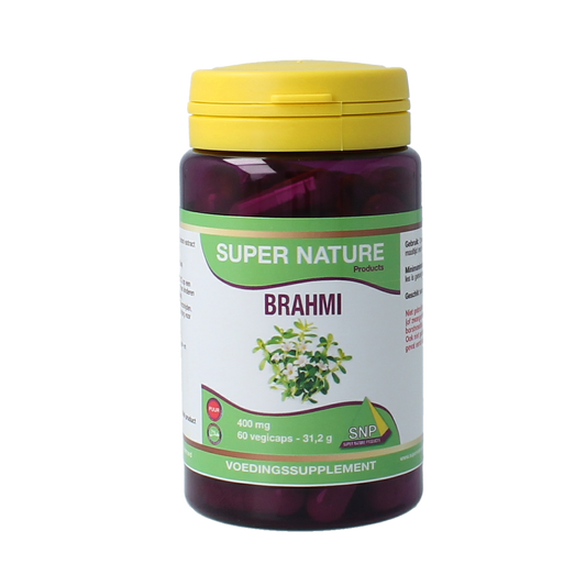 SNP Brahmi puur vegetarian capsules in a bottle, herbal supplement for cognitive health, shown in the image.