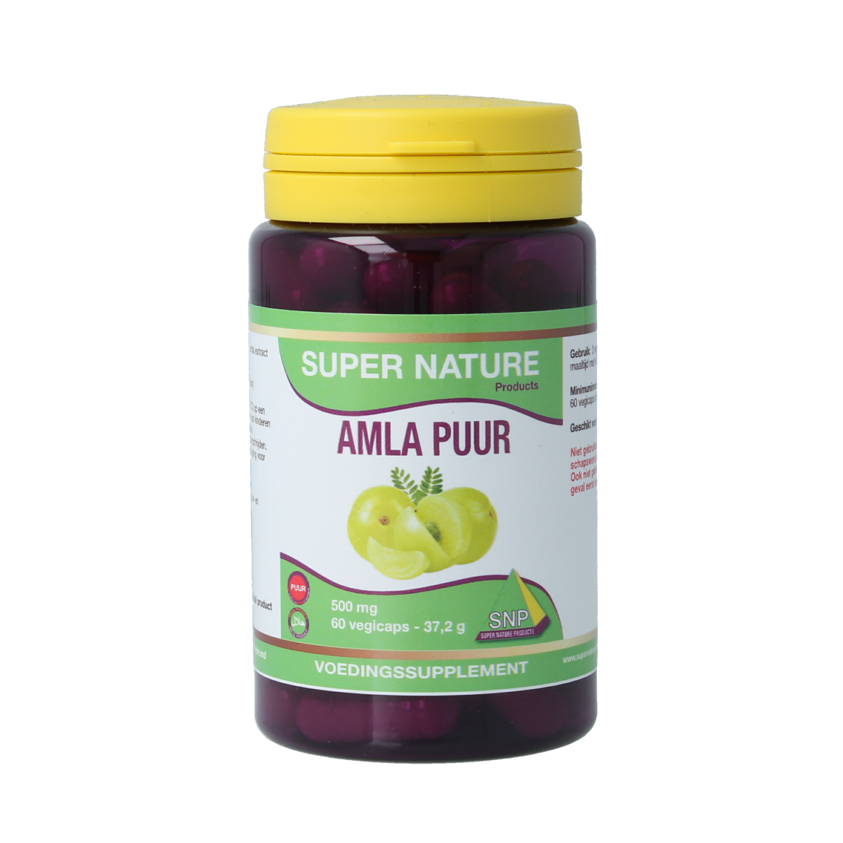 SNP Amla Puur vegetarian capsules in a bottle, herbal supplement by SNP, with green and white packaging visible.
