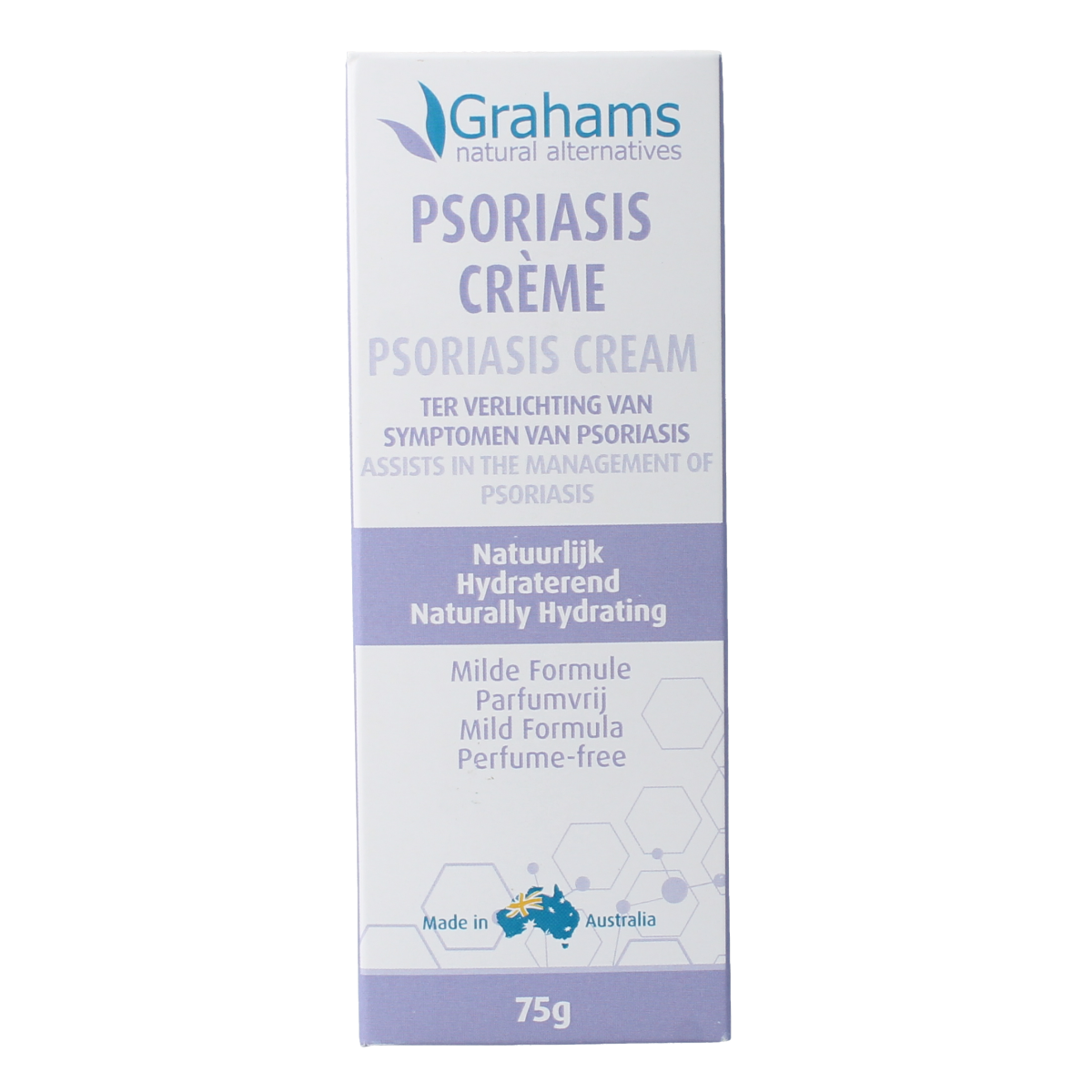Grahams Psoriasis Creme 75g jar showing the label and creamy texture, designed for body skin care and psoriasis relief.