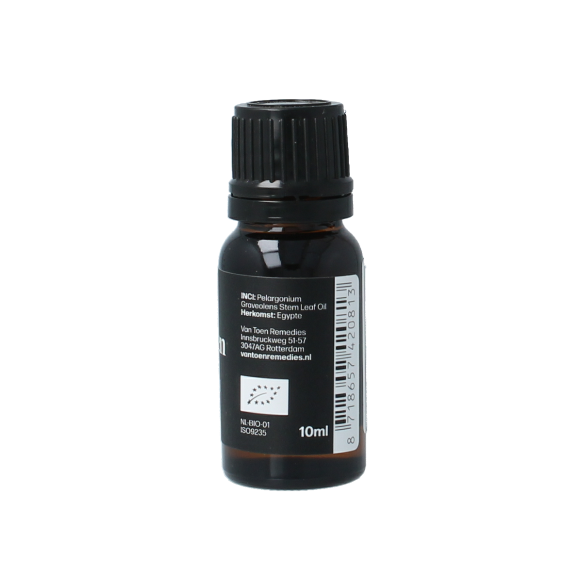 Van Toen Geranium bio essential oil bottle, 10ml, with label and cap, showcasing natural aromatic oil for aromatherapy and skincare.