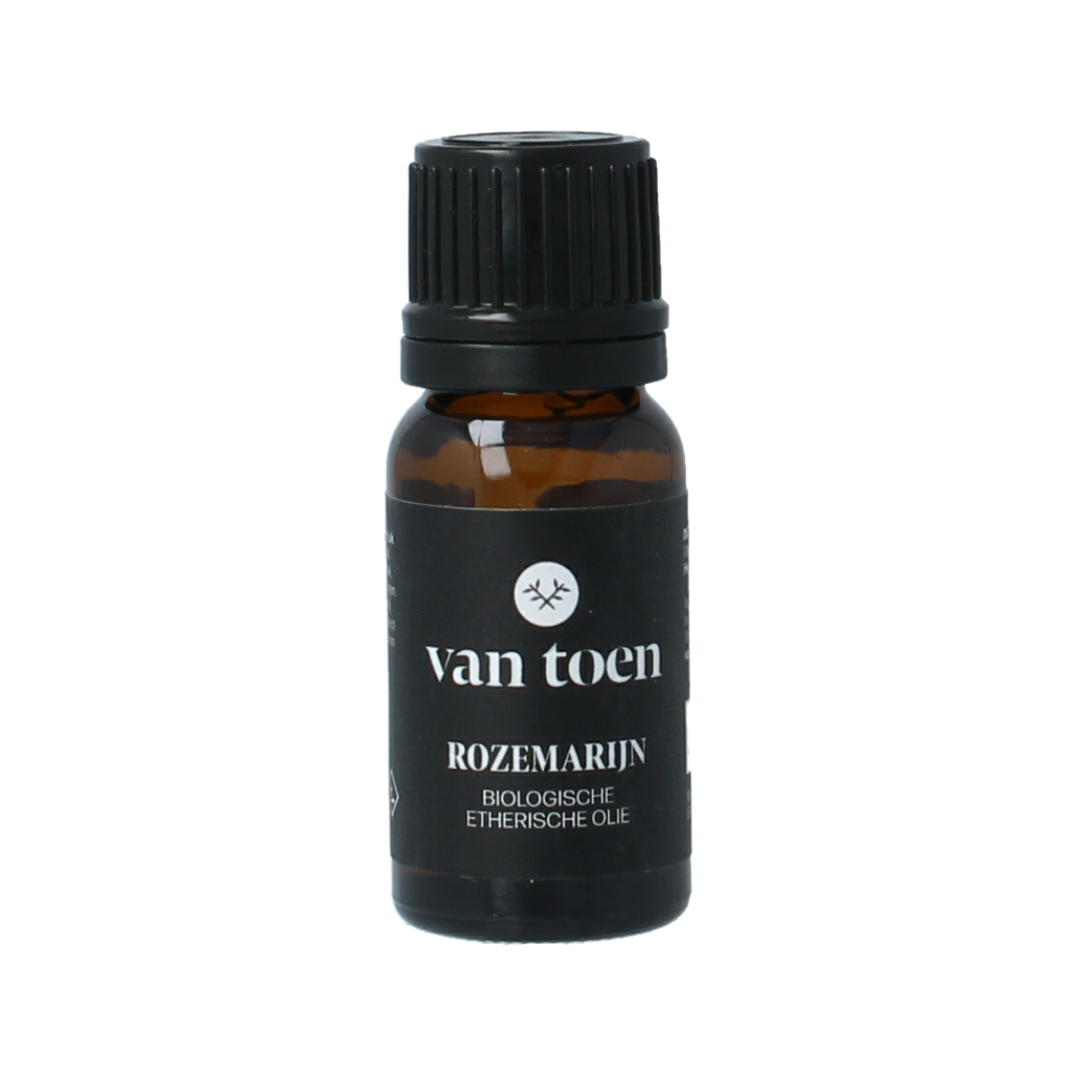 Van Toen bio rozemarijn etherische olie in 10ml bottle, with label showing brand and product details, on a neutral background.