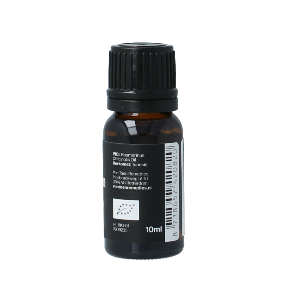 Van Toen organic rosemary essential oil bottle, 10ml, with a clear label and amber glass container.
