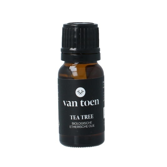 Van Toen Tea Tree bio essential oil in a 10ml bottle, showing the clear liquid inside