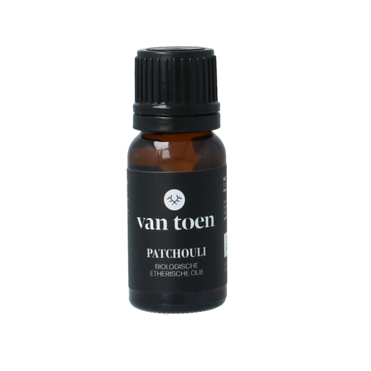 Van Toen Patchouli bio essential oil in a 10ml bottle, with dark amber glass and label showing product details.