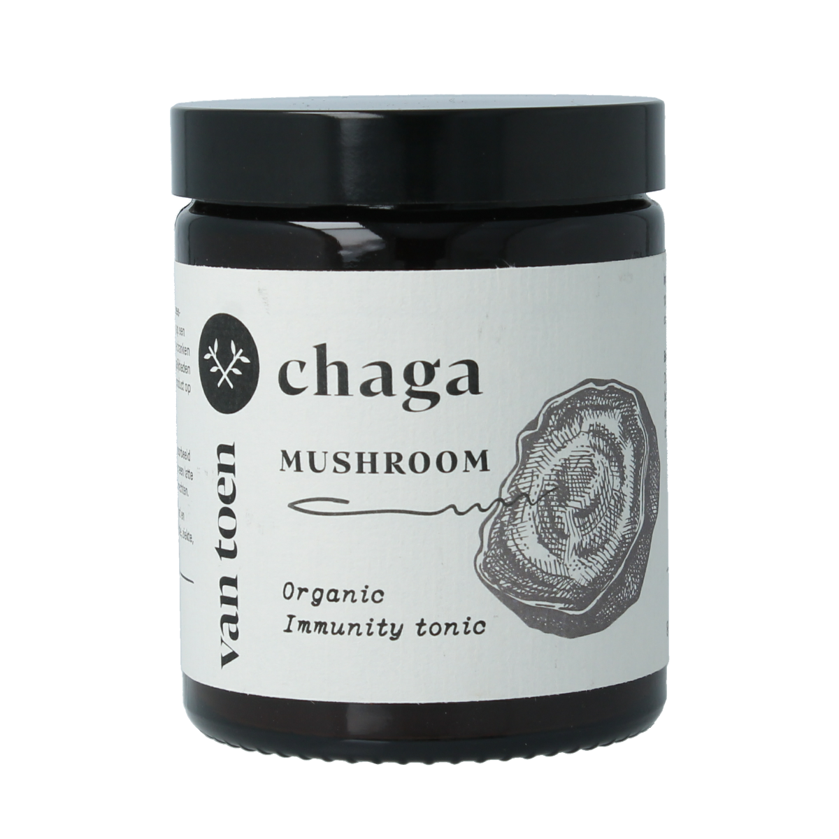 Van Toen bio Chaga powder in an 80g package, herbal supplement with dark, finely ground mushroom extract for health use
