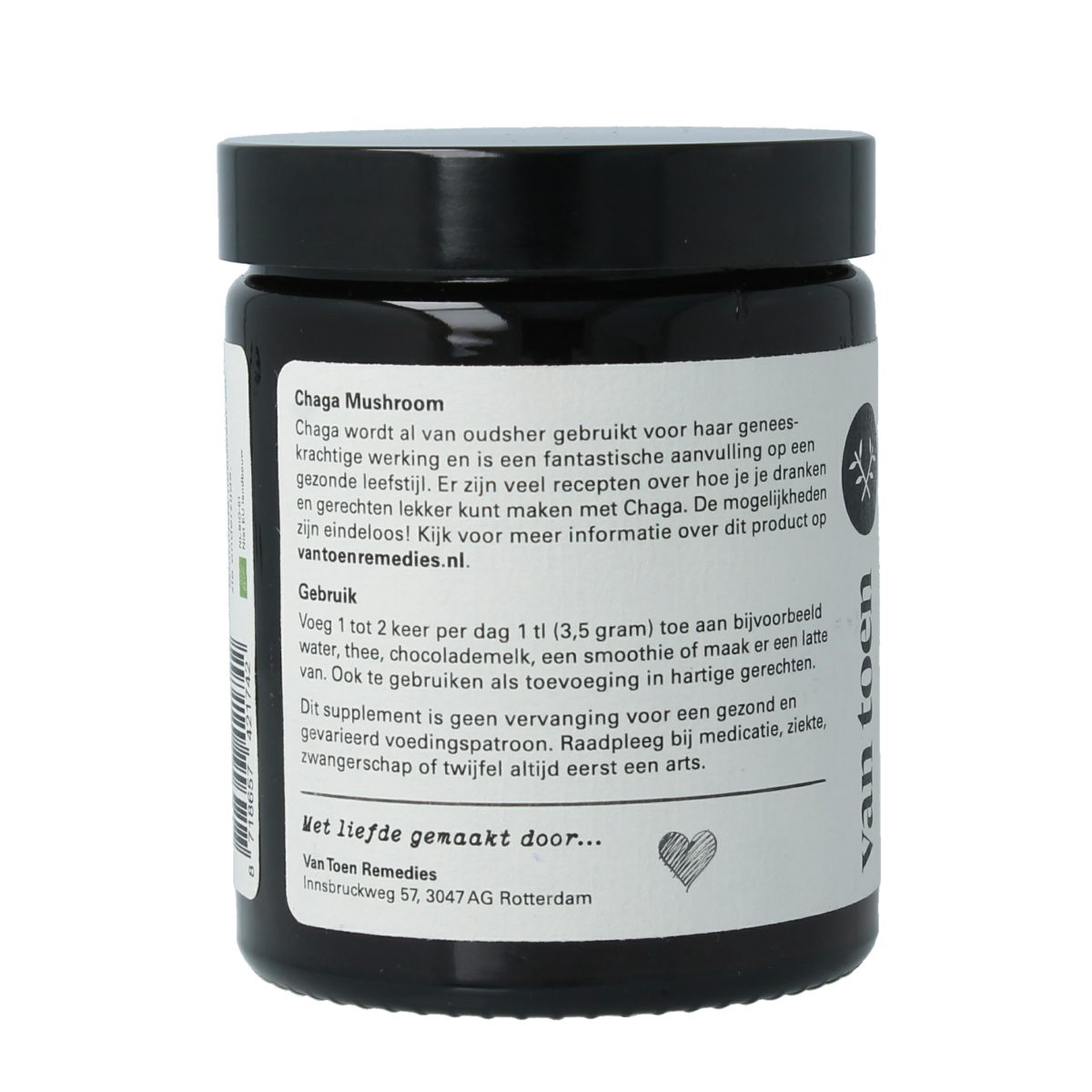 Organic Van Toen Chaga powder in 80g container, a natural herbal supplement for health and wellness.