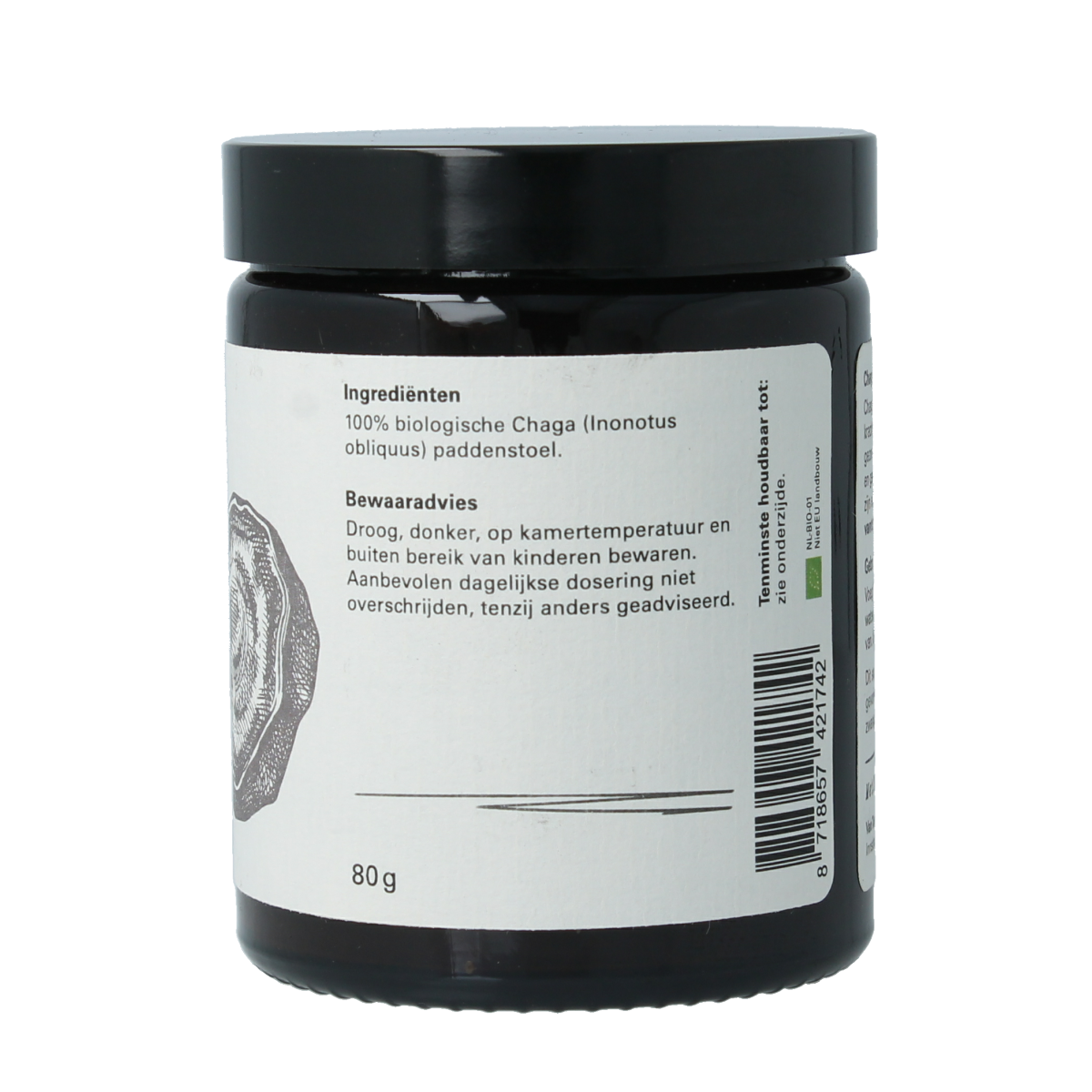 Van Toen Bio Chaga powder in an 80g package, a herbal supplement with dark, finely ground Chaga mushroom powder.