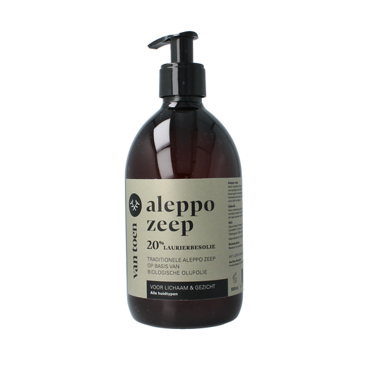 Van Toen Aleppo zeep 20% vloeibare biologische lichaamsverzorging in 500ml bottle, natural and gentle for skin care.