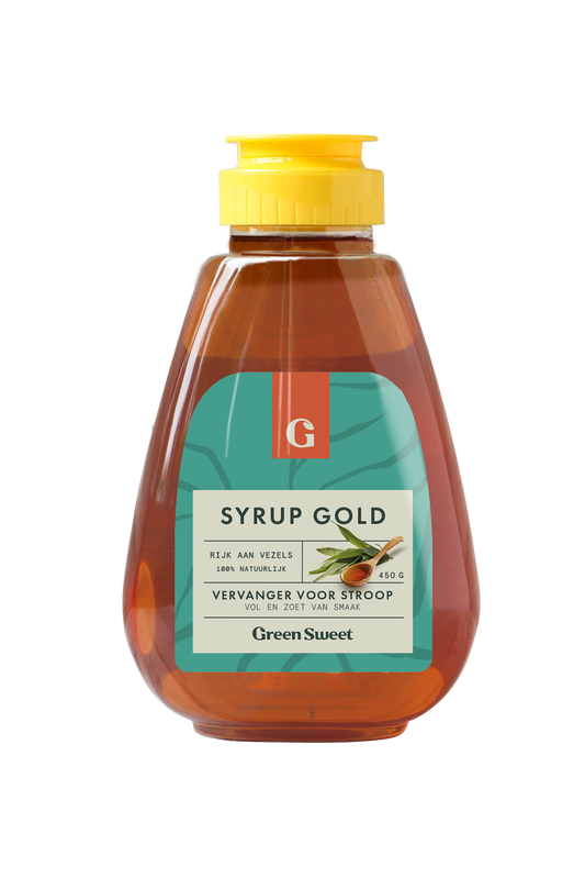 Green Sweet Green Sweet Syrup in a 450g gold bottle, ideal for sweetening beverages and desserts.