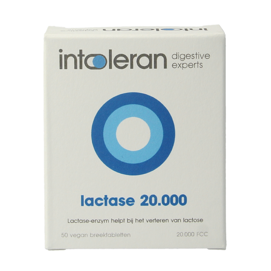 Intoleran Lactase 20,000 tablets, dietary enzymes supplement for lactose intolerance, shown in blister pack.