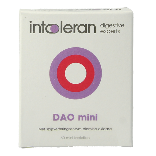 Intoleran DAO mini 60 tablets bottle with supplement label featuring fibers and enzymes for digestive health.