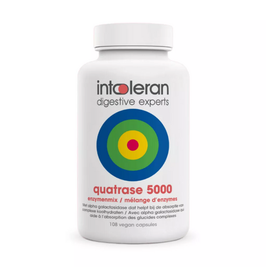 Intoleran Quatrase 5.000 vegetarian capsules containing fibers and enzymes for digestive support.